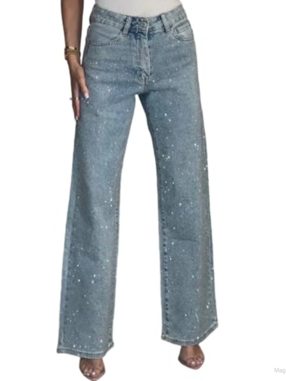 Womens Rhinestone High Waisted Straight Leg Y2K Denim Jeans Pants